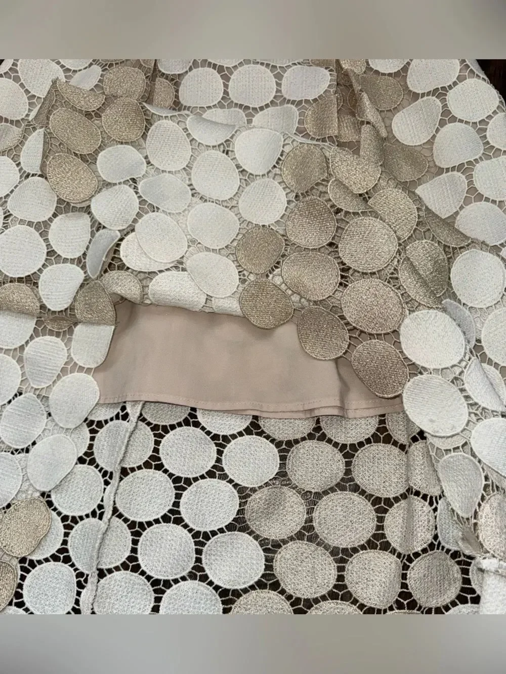Shoshanna Glengarry Ivory Metallic Gold Circle Lace Midi Cocktail Dress
